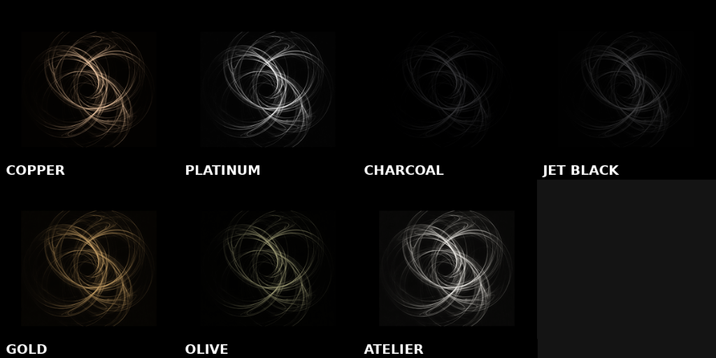 GASTRO-LX ensō seven-metal swatch board: Copper, Platinum, Charcoal, Jet Black, Gold, Olive, Atelier